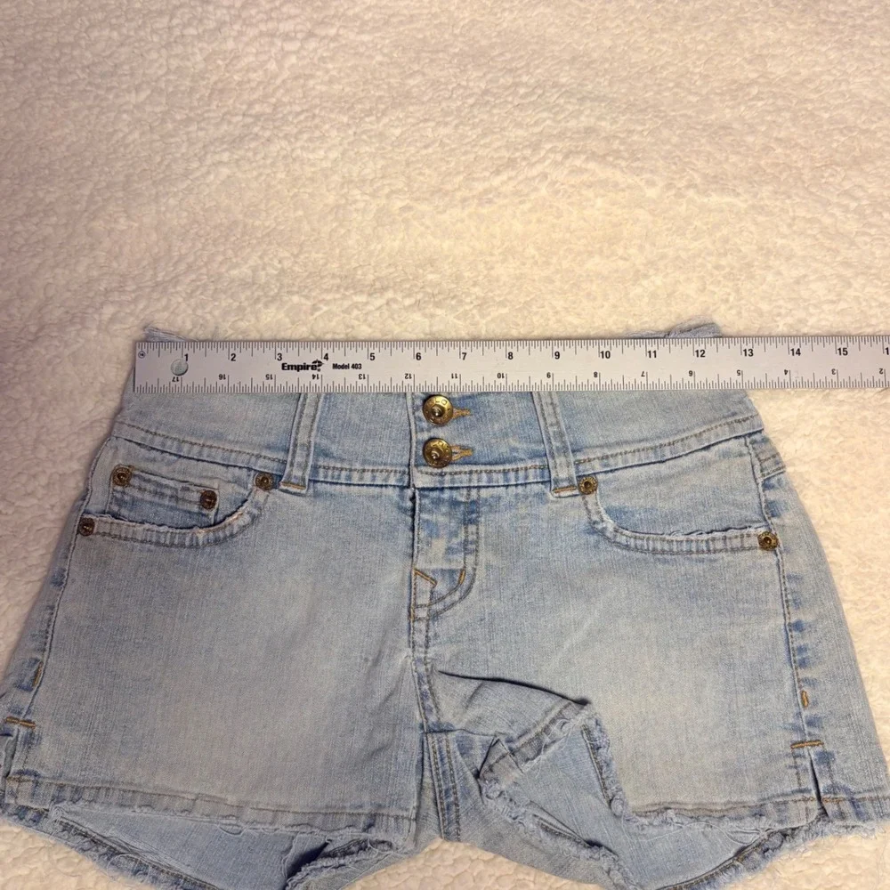 Y2K GLO Vintage Light Wash Denim Mini Shorts High Waisted Raw Hem #16